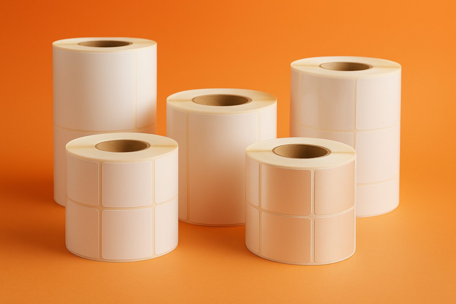 five blank inkjet label rolls against an orange background
