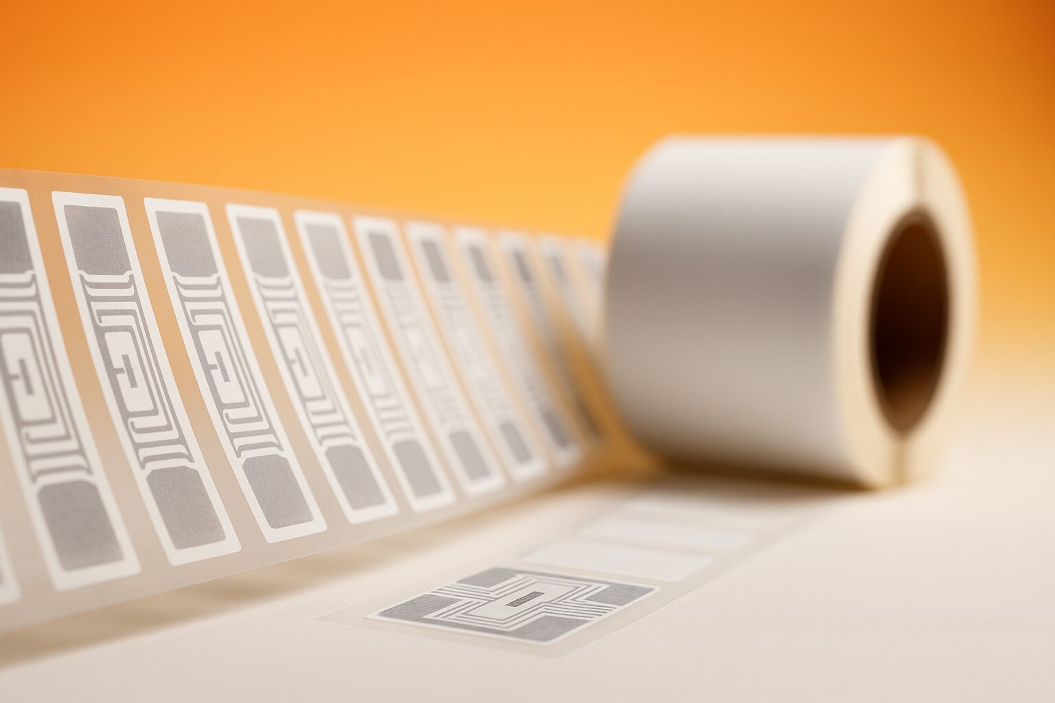 A roll of RFID labels sits on a soft orange background