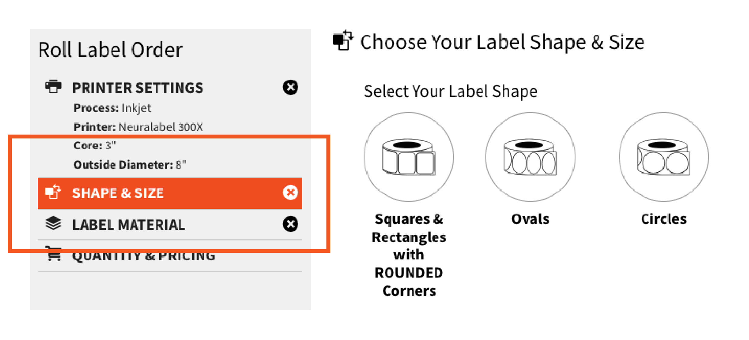 Screenshot of Hickman's Roll Label order tool for NeuraLabel printers.