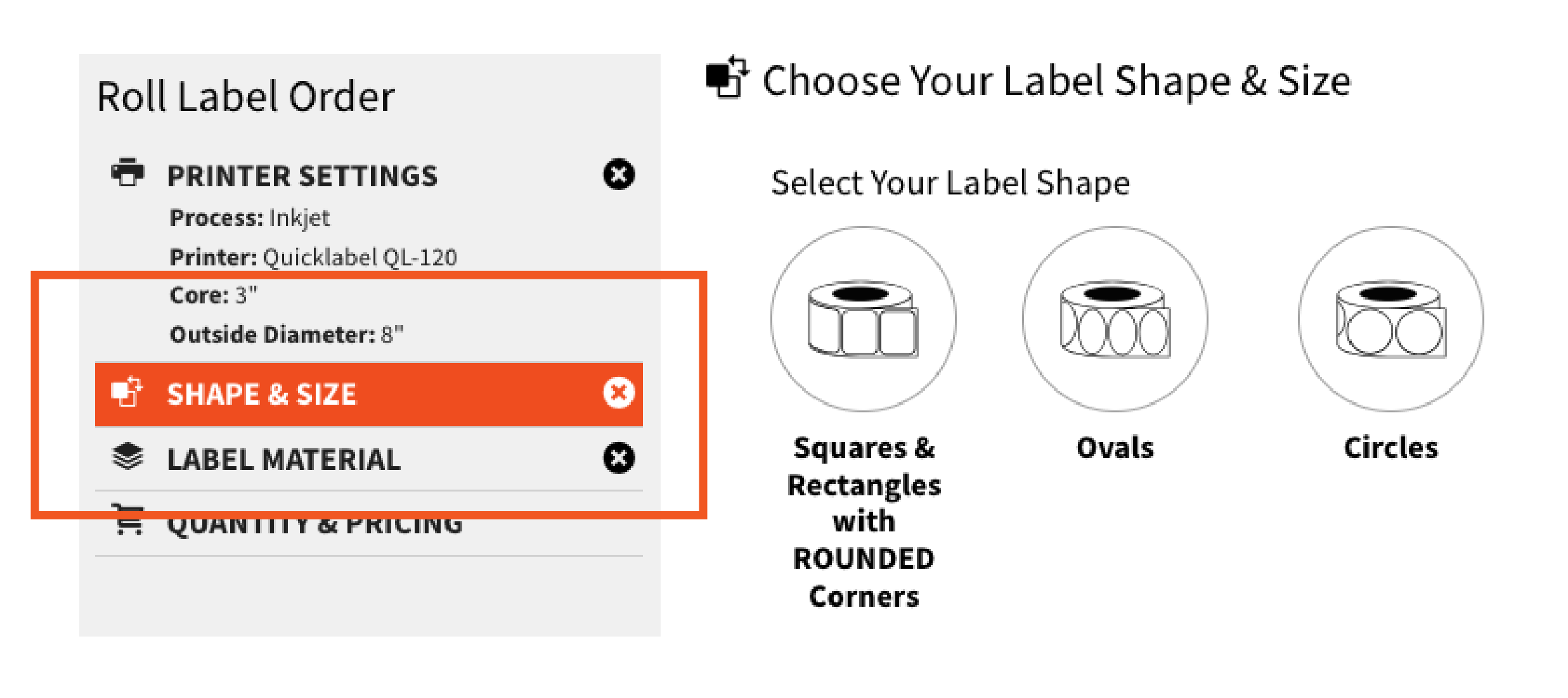 Screenshot of Hickman's Roll Label order tool for QuickLabel printers.