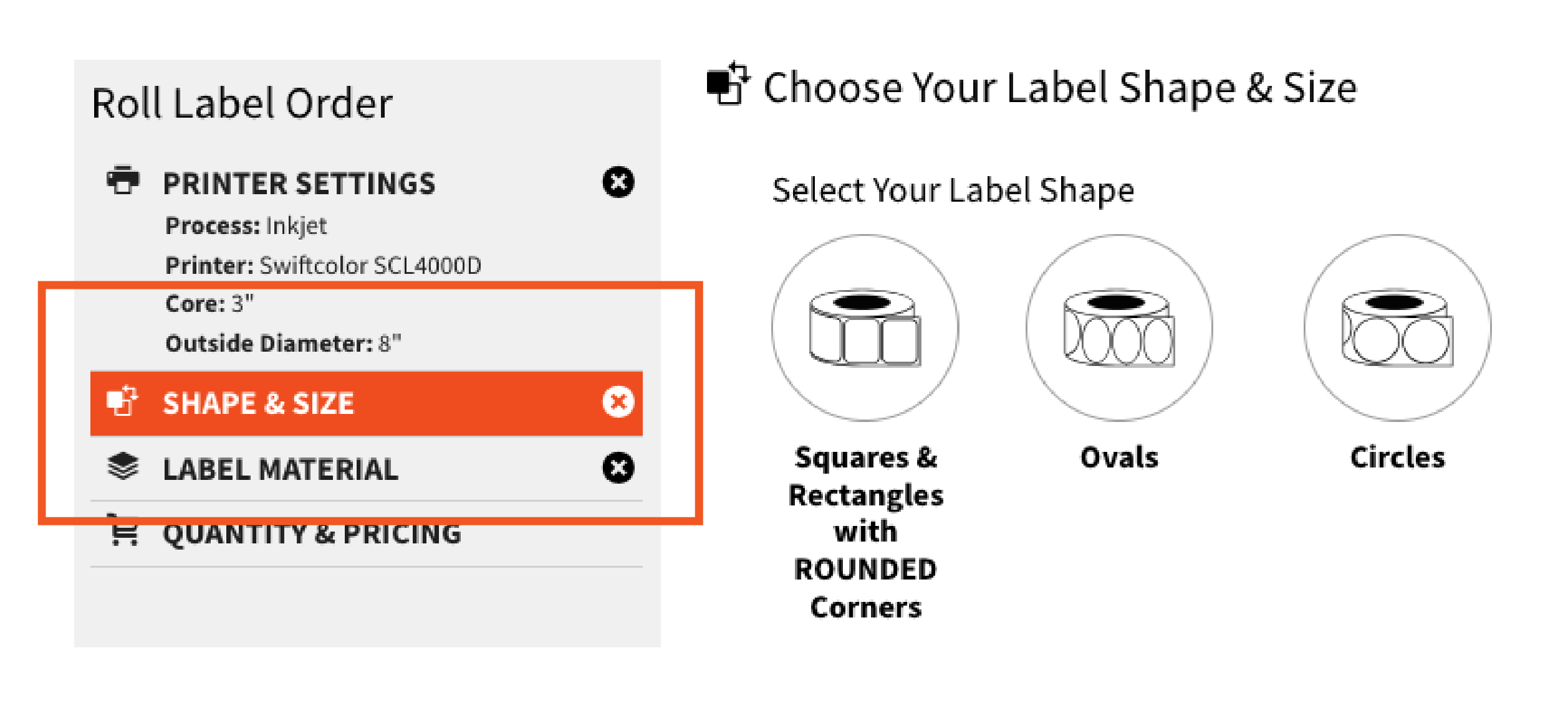 Screenshot of Hickman's Roll Labels order tool for SwiftColor printers.