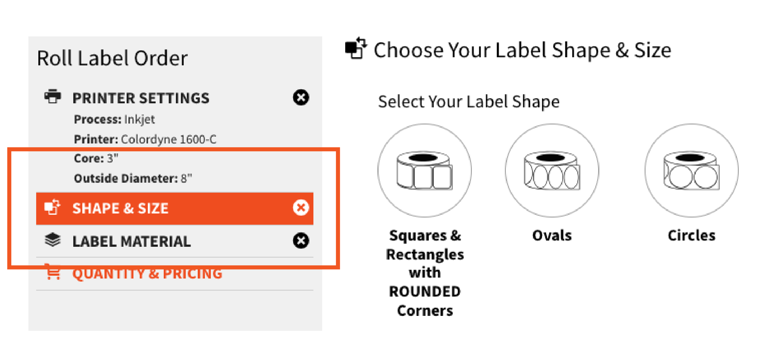 Screenshot of Hickman's Roll Label order tool for Colordyne printers.
