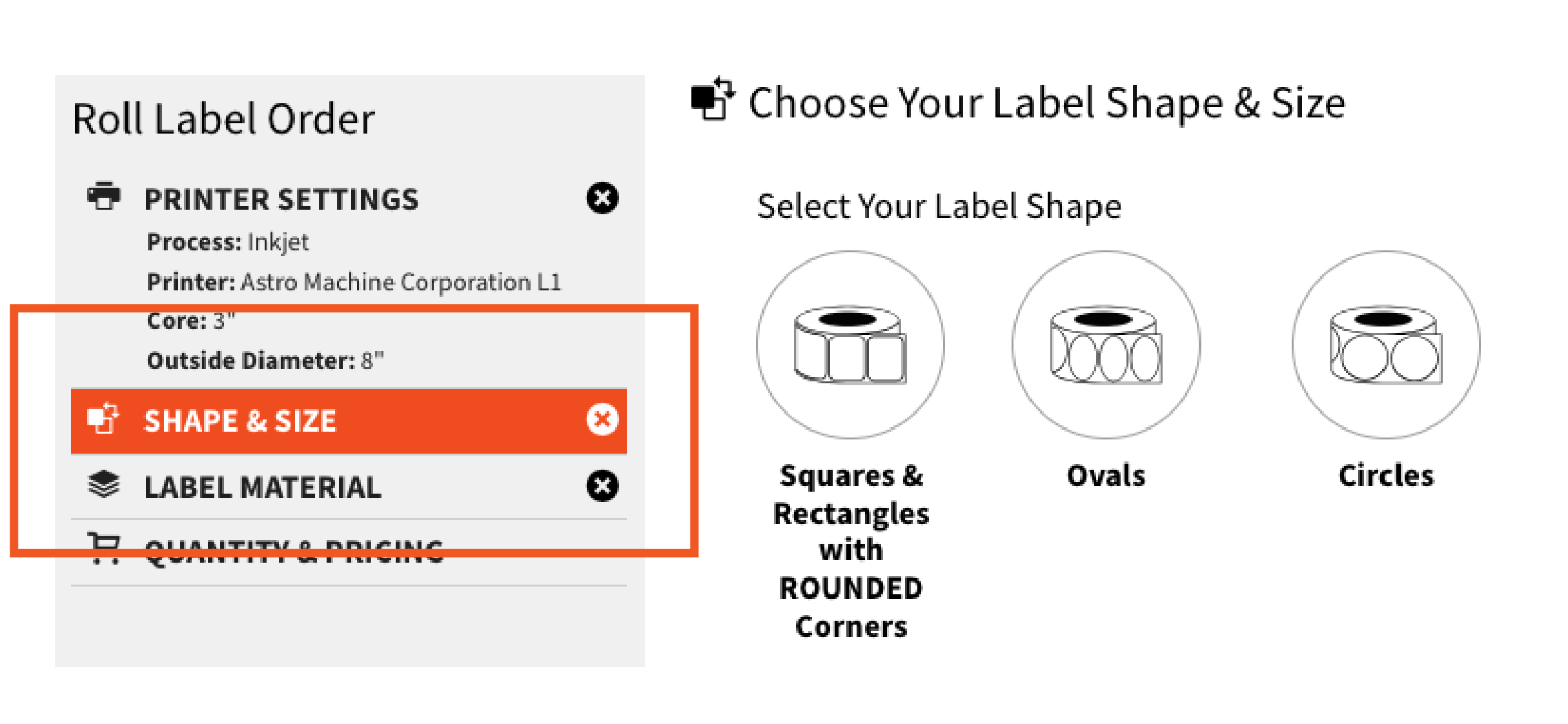 Screenshot of Hickman's Roll Labels order tool for Astro Machine Corp printers.