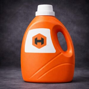 An orange laundry detergent bottle sits on a dark gray background.