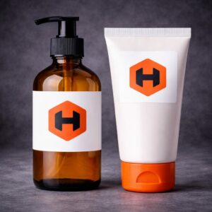 An amber glass bottle and white squeezable tube with the Hickman logo sit against a dark grey background.